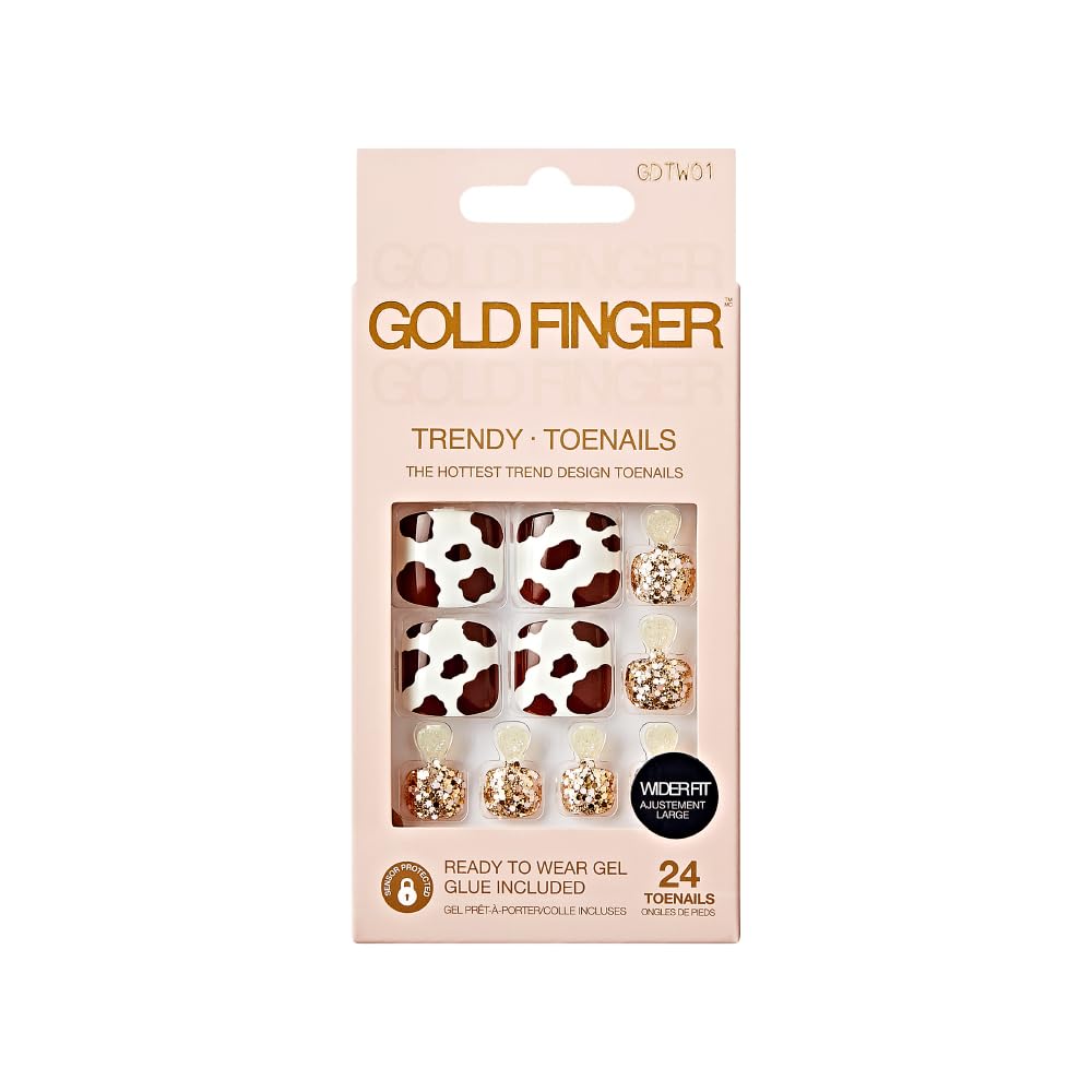 GoldFinger Trendy Press On Fake Toenail Wider Fit, Cow Animal Print & Glittering Metallic Gold Color, Ready to Wear Gel & Manicure Stick, Mini Glue Beauty & Personal Care Goldfinger