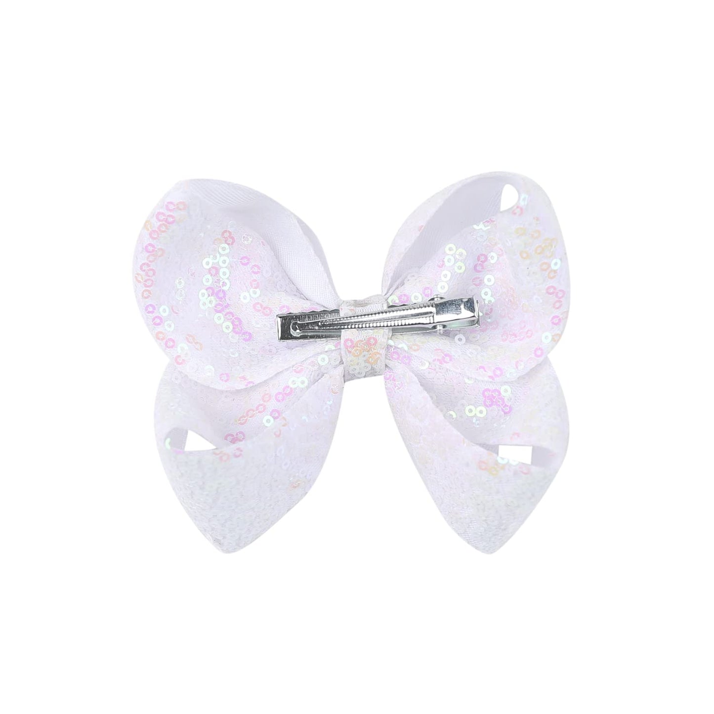 AMYDECOR 6 Inch White Sparkly Glitter Sequin Hair Bows for Girls Toddlers Kids Children Teenage (2PCS)