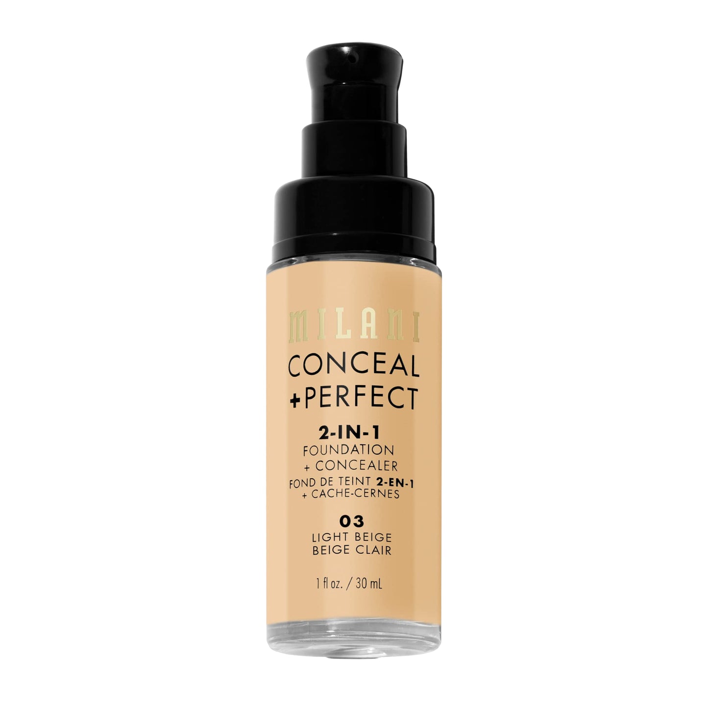 Milani Conceal + Perfect Liquid Foundation - Light Beige, 1 Fl. Oz. Cruelty-Free, Water-Resistant, Oil-Free, Medium-To-Full Coverage, Satin Matte