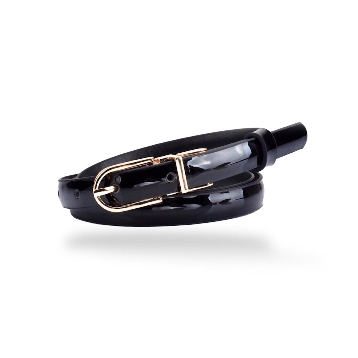 CB Women's Elegant Skinny Patent Leather Belts Waistband Slim Waist Belt With Twist To Convert Gold Color Alloy Buckle, Black