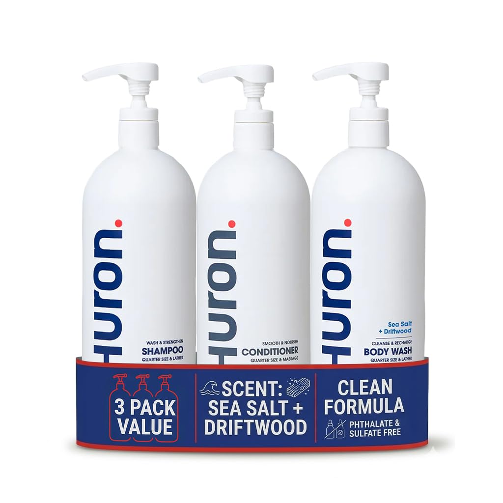 Huron Shower Kit for Men and Women - Shampoo, Conditioner & Body Wash with Sea Salt + Driftwood Scent, Hydrating, Phthalate-Free, non-toxic