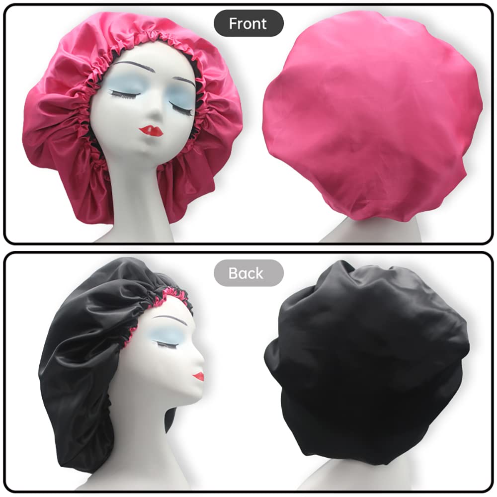 Hanbertti 2pcs of Satin Sleep Bonnet with Adjustable buckle, Silk Bonnet, Reusable Bath Hair Cap for Night Sleeping Reversible Double Layer (Fushia