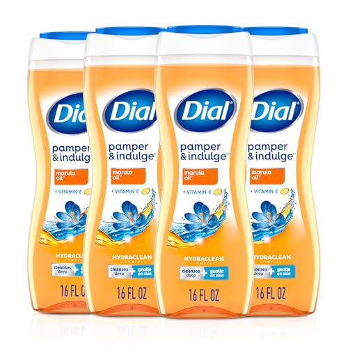 Dial Body Wash, Pamper & Indulge Marula Oil, 16 Fl Oz (Pack of 4), Hydraclean Complex & Vitamin E, Gentle, Leaves Skin Feeling Nourished