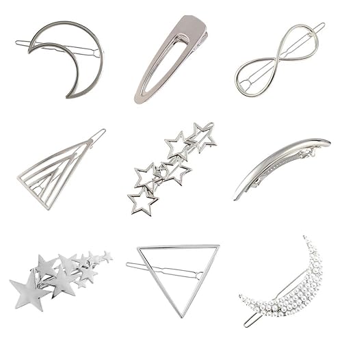 9 Pack Vintage Minimalist Bowknot Circle Moon Star Branch Pearl Metal Silver Hair Clips Hairpins Snap Barrettes Comb Claw Clamp Wedding Bridal