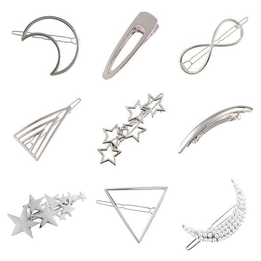 9 Pack Vintage Minimalist Bowknot Circle Moon Star Branch Pearl Metal Silver Hair Clips Hairpins Snap Barrettes Comb Claw Clamp Wedding Bridal