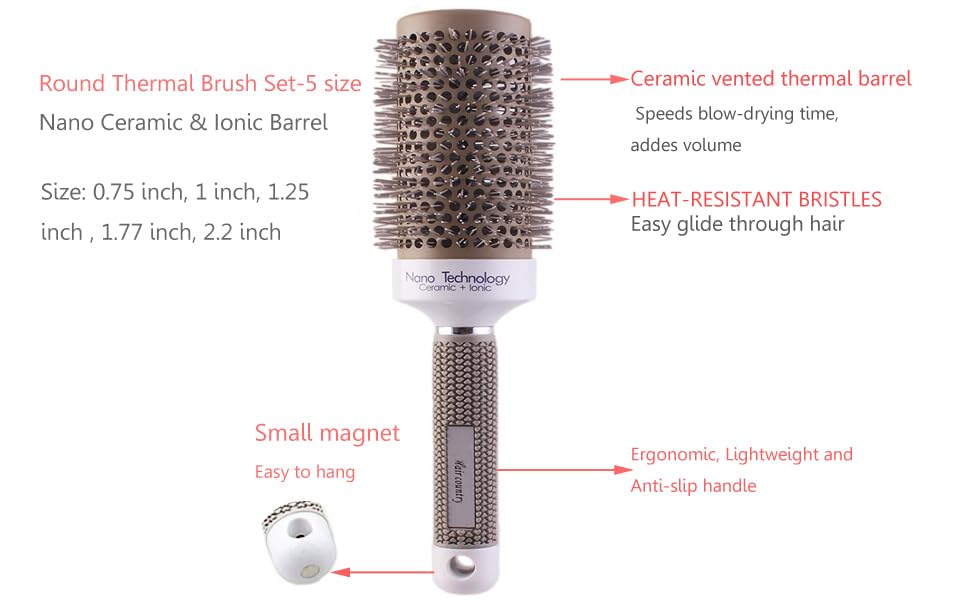 PERFEHAIR Round Thermal Brush Set, Professional Nano Ceramic & Ionic Barrel Hair Styling Blow Drying Curling Brush, 5 Different Sizes
