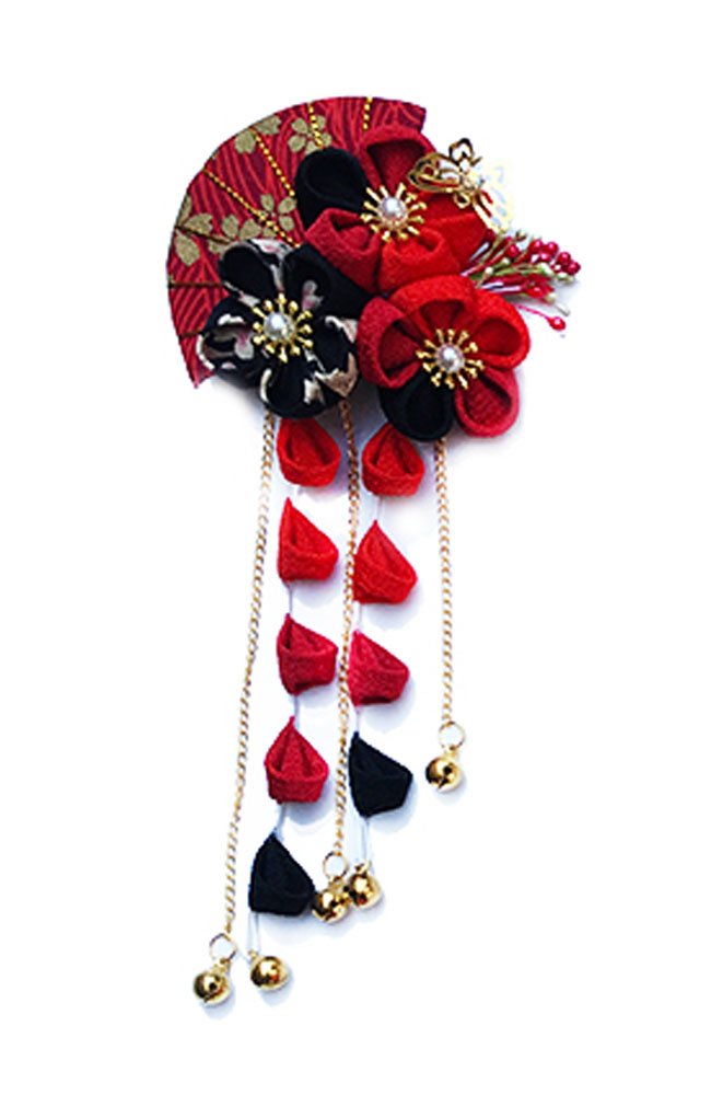 CRB Fashion Womens Japanese Kimono Flower Kanzashi Hair Ornament Tie Band Clip (Red/Black)