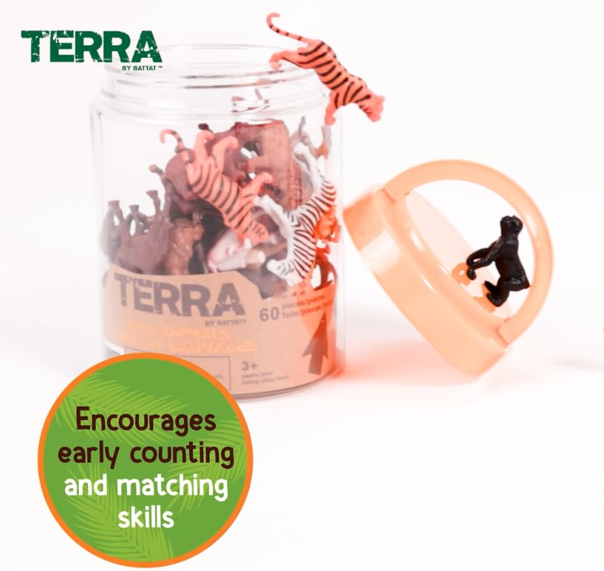 Terra by Battat 60 Pcs Wild Creatures Tube – Mini Animal Figurines with Lion, Tiger, Hippo, Bear & More – Safari Educational Toys for Kids 3+