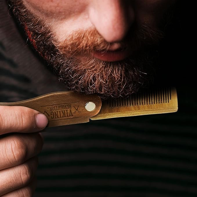 Folding Beard Comb w/Carrying Pouch for Men - All Natural Wooden Beard Comb w/Gift Box - Green Sandalwood Comb for Grooming & Combing Hair, Beards