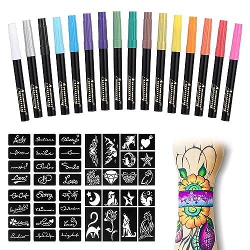 Anmmy Temporary Tattoo Markers for Skin, 16-Count Body Markers+77 Large Tattoo Stencils of Assorted Colors for kids and Adults, Flexible Brush Tip Beauty and Personal Care Anmmy Default Title