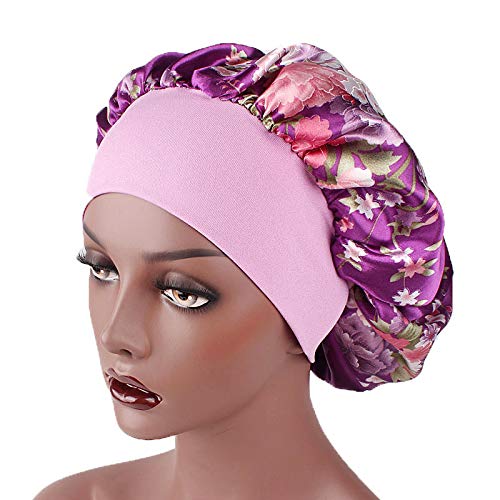 6 Pieces Large Printed Satin Bonnet Sleeping Caps Soft Elastic Wide Band for Women Hair Loss, Natural Curly Hair Braids (Printed 6pack)