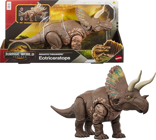 Mattel Jurassic World Rebirth Gigantic Thrashers Eotriceratops Dinosaur Figure Toy, Large Species, 2 Tail Activated Rampage Attacks, Digital Play