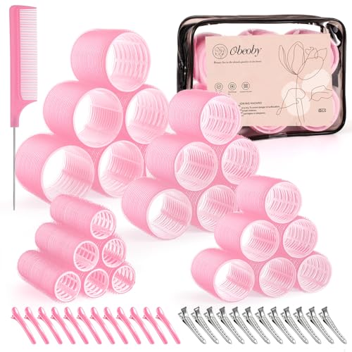 4 Sizes Self-Grip Hair Rollers Set for Long, Short Hair and Bangs - 50 Pcs with Clips (25mm, 36mm, 48mm, 60mm), Pink Beauty and Personal Care obeoby Default Title
