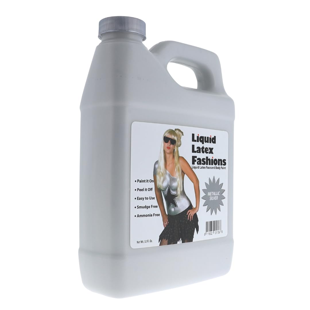 Metallic Silver 32 Fl Oz - Liquid Latex Face and Body Paint, Ammonia Free, Cosplay, Nail Art, Shimmering Finish Paint for Arts and Crafts
