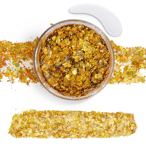 Gold Body Glitter Gel,Face Hair Glitter Makeup,Music Festival Concert Outfit Rave Pride Accessories for Women,Mermaid Sequins Chunky Glitter Face