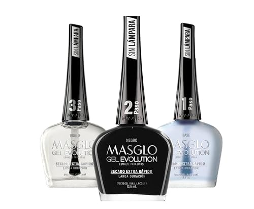 MASGLO GEL EVOLUTION Nail Polish Gel Effect, No UV/Led Lamp, Duration Up to 12 days, 3 PCs -Base, Esmalte NEGRO, Brillo - Efecto Gel sin necesidad de Beauty & Personal Care MASGLO