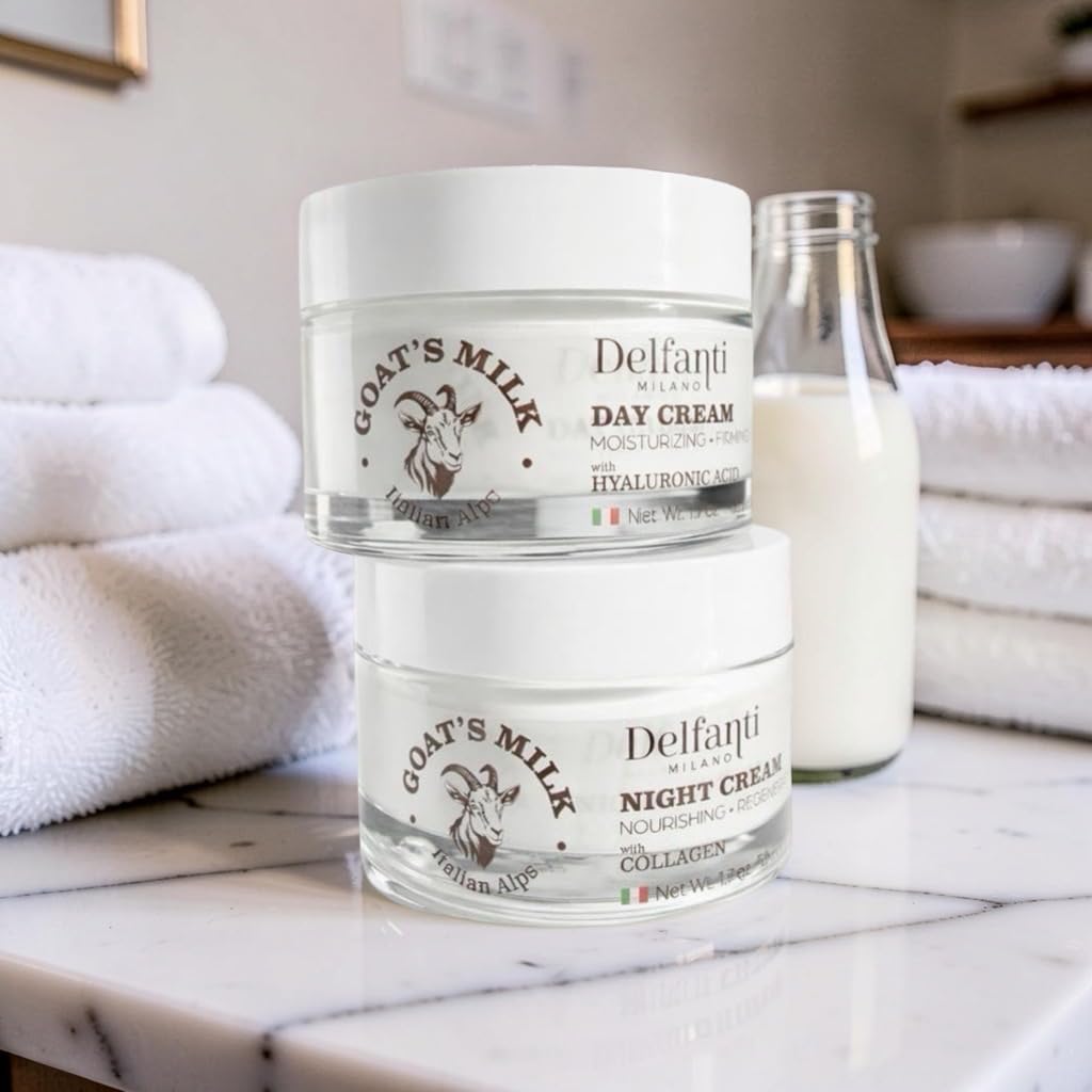 Delfanti-Milano • FULL SIZE DUO PACK • GOAT'S MILK with HYALURONIC ACID Day Cream and GOAT'S MILK with COLLAGEN Night Cream • Face and Neck