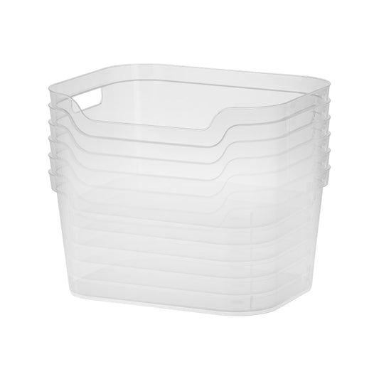 Sterilite 7 x 11 x 14.25 Inch Polished Open Scoop Front Storage Bin with Comfortable Carry Through Handles for Household Organization, Clear (6 Pack)