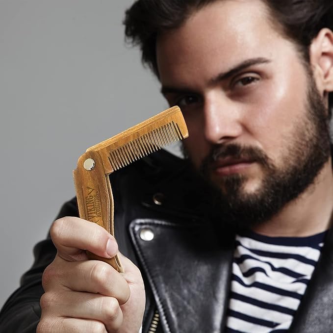 Folding Beard Comb w/Carrying Pouch for Men - All Natural Wooden Beard Comb w/Gift Box - Green Sandalwood Comb for Grooming & Combing Hair, Beards