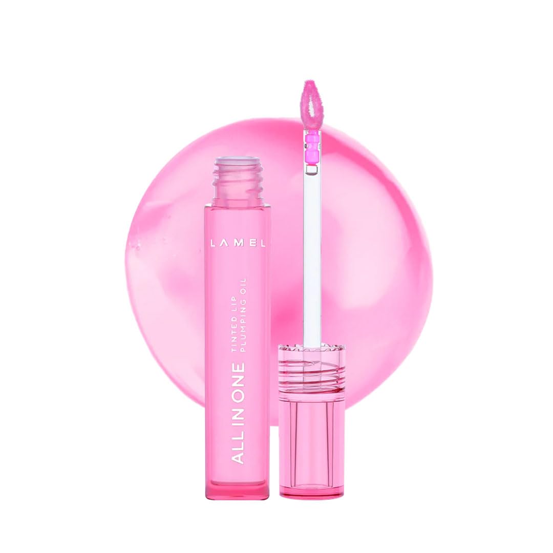 Lamel All-in-One Tinted Lip Oil - Pink Sparkle - Volumizing & Hydrating Lip Oil - Plumping and Scented Gel for Day & Night Use - Long-Lasting Formula