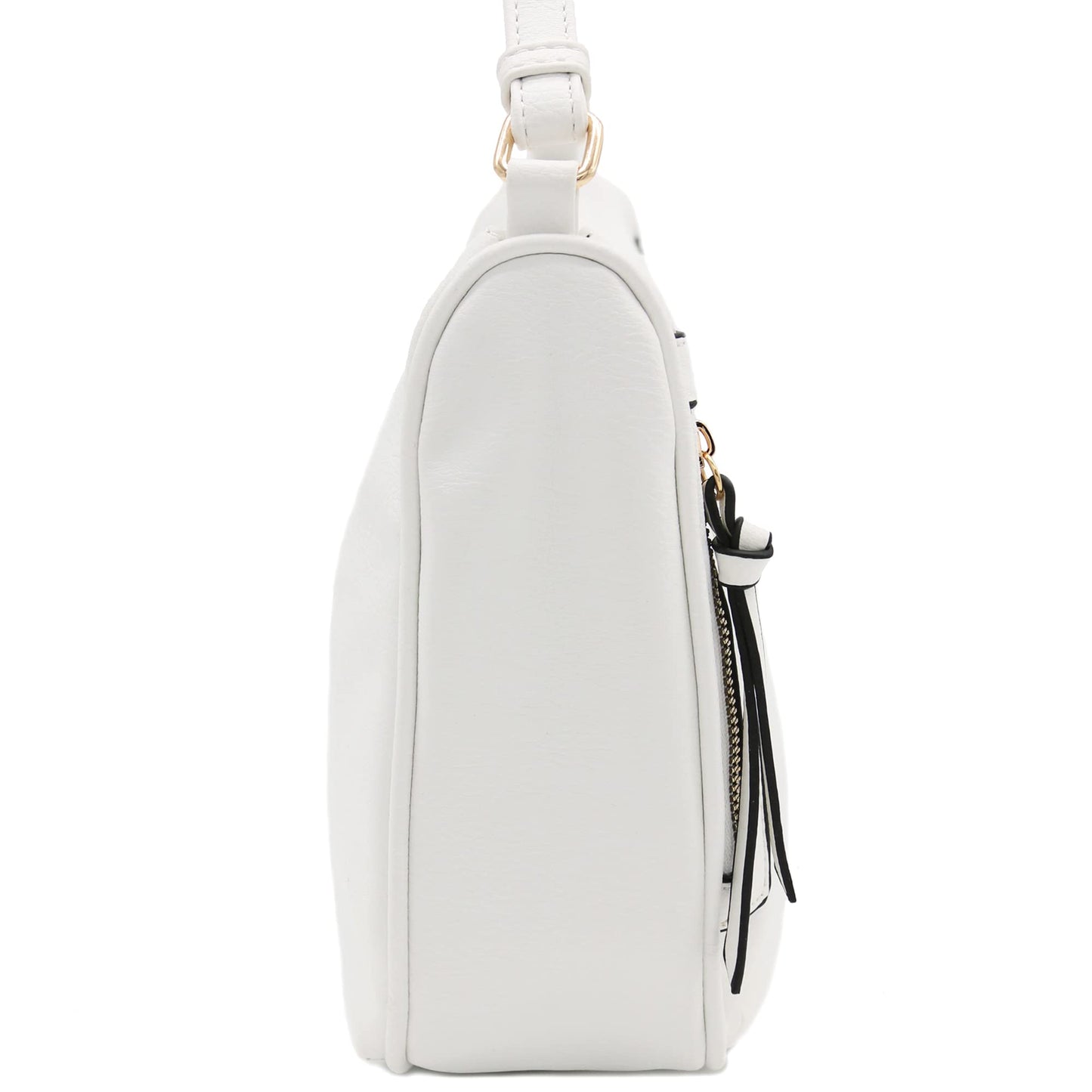 FashionPuzzle Faux Leather Two Front Zipper Pocket Crossbody Saddle Bag (White)