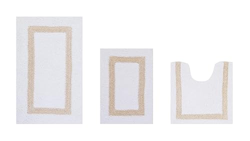 Better Trends 100% Cotton Hotel Collection Bath Mats Set, White & Sand Mats - Tufted, Reversible & Absorbent & Machine Washable 3 Piece Bathroom Rug…