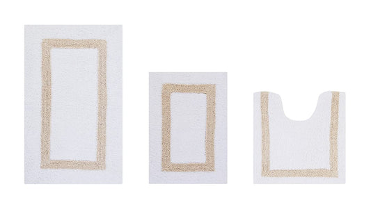 Better Trends 100% Cotton Hotel Collection Bath Mats Set, White & Sand Mats - Tufted, Reversible & Absorbent & Machine Washable 3 Piece Bathroom Rug…