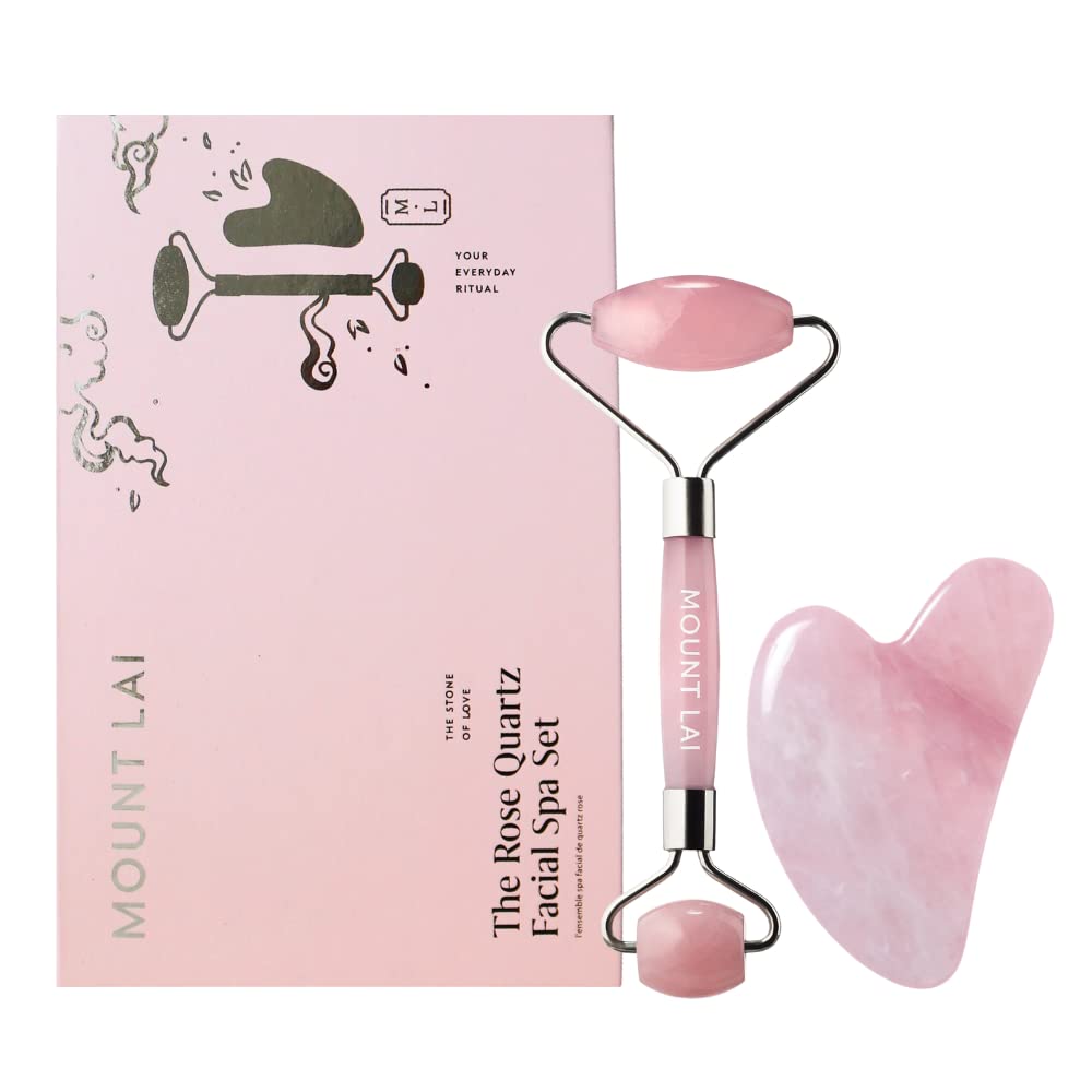 Mount Lai Rose Quartz Gua Sha Facial Tools, Pink Quartz Gua Sha Facial Tools Set and Roller, Guasha Tool for Face to Relieve Muscle Tension and Reduce