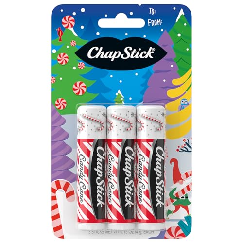 ChapStick Lip Balm, Candy Cane, 3-Count - Fresh & Minty Lip Moisturizer, Stocking Stuffer, 0.15 Oz Ea