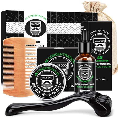 MALE GOD Beard Kit, Beard Growth Kit w/Natural Ingredients Beard Oil & Balm & Comb, Beard Growth Oil w/4X Thickening Biotin, Fathers Day | Chrismtas | Beauty and Personal Care MALE GOD Default Title