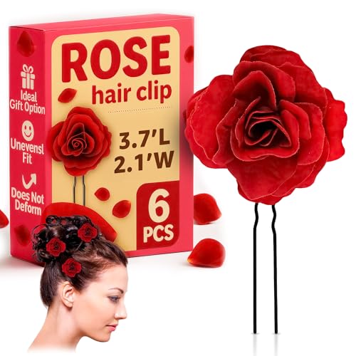 6Pcs Small Red Rose Hair Clip - Pleasant Colors Red Hair Accessories for Women 2.1 x 3.7", Elegant Floral Design for Any Style, Durable Metal Alloy