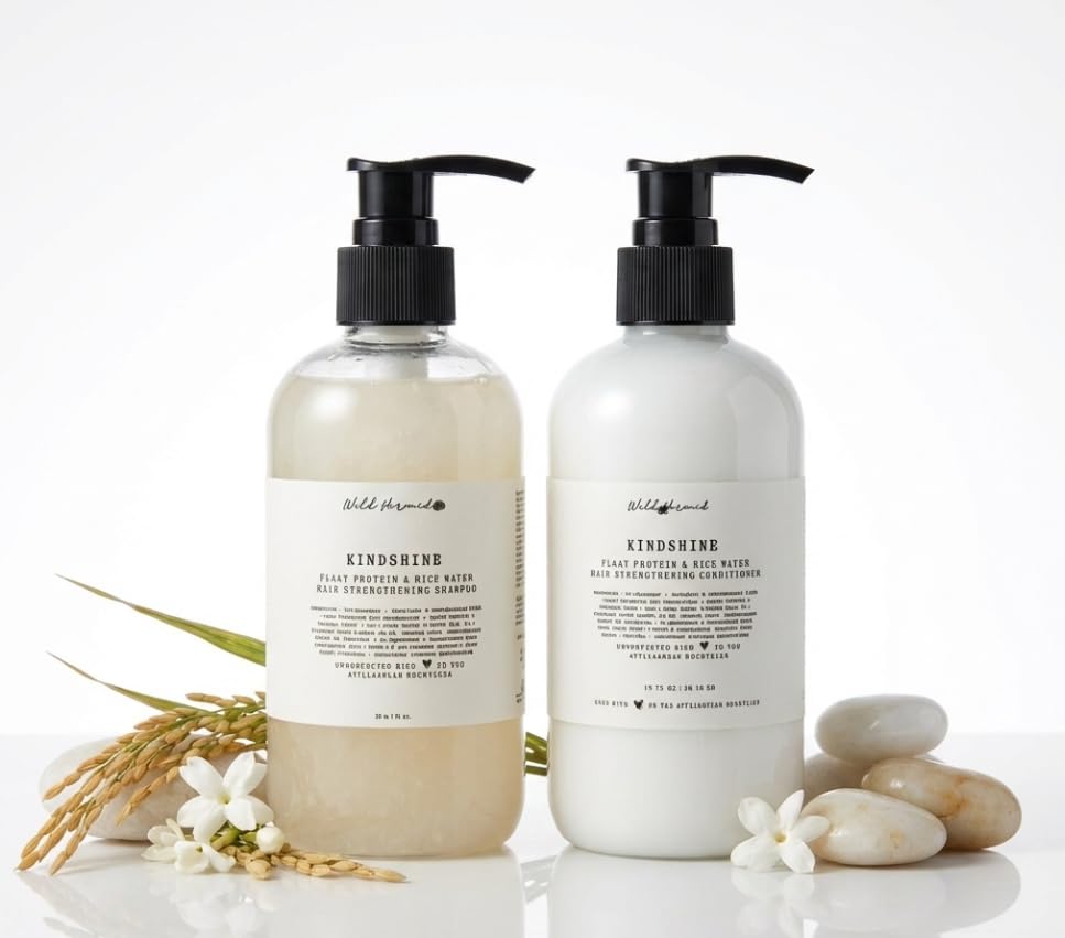 Wild Hermit Wellness KindShine Rice Water and Flaxseed Shampoo and Conditioner Set, 10 oz Each, 2 Count