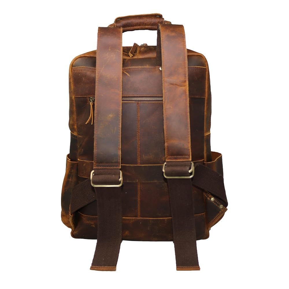Jaald Leather Laptop Backpack Rucksack Multipocket Full Grain Leather Gaming Laptop Bag School Daypack For Men Anti-Theft Pocket Brown