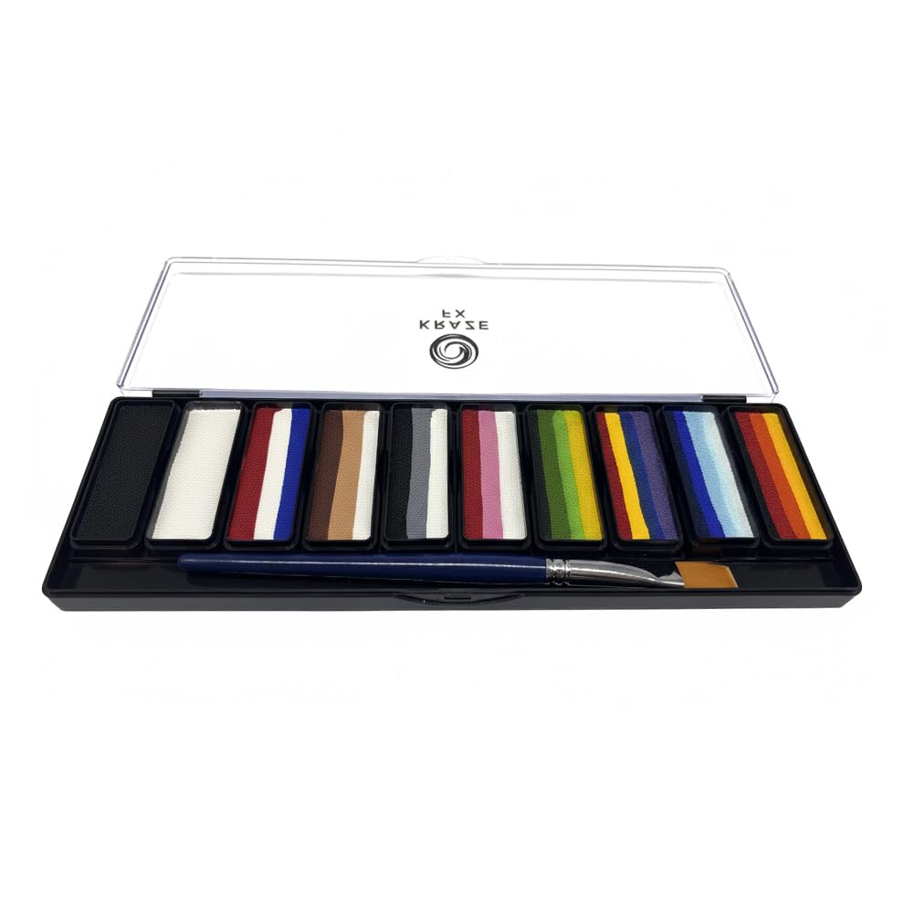 Kraze FX Key Colors Face Paint Palette - 10 Essential Split Cakes Including Black & White - 3/4" Professional Travel Set - Bestselling Color