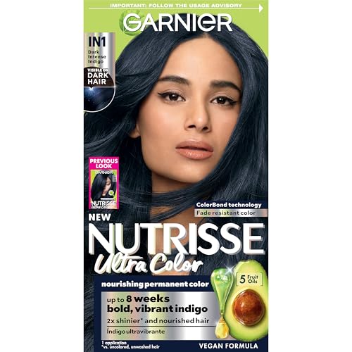 Garnier Hair Color Nutrisse Ultra Color Nourishing Creme, IN1 Dark Intense Indigo (Midnight Iris) Blue Permanent Hair Dye, 1 Count (Packaging May