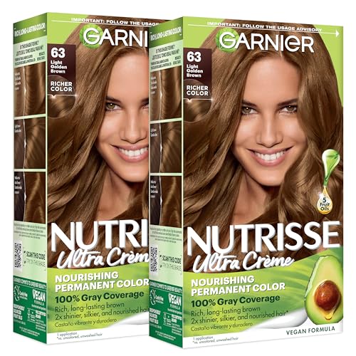 Garnier Nutrisse Ultra Crème Hair Color, Permanent Hair Dye with 100% Gray Coverage, Vegan & Cruelty-Free, 63 Light Golden Brown (Brown Sugar), 2