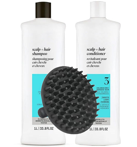 System 3 Cleanser Shampoo & Scalp Therapy Conditioner 1 Liter Duo Set for Chemically Treated Hair with Light Thinning + M Hair Designs Scalp Brush