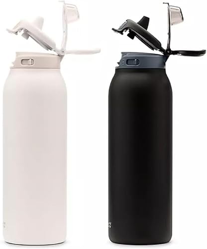 Ello Pop & Fill 32oz. 2-Pack Stainless Steel Water Bottle with QuickFill Technology, Dunes/Charcoal