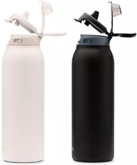 Ello Pop & Fill 32oz. 2-Pack Stainless Steel Water Bottle with QuickFill Technology, Dunes/Charcoal