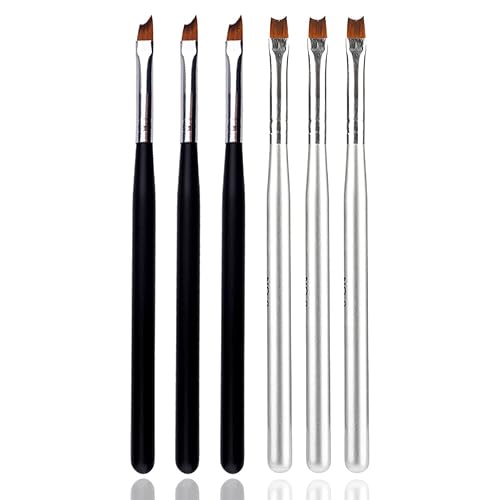 JERCLITY 6pcs French Tip Nail Brushes Set 3pcs Half Moon Shape Silver Handle 3pcs Oblique Head Black Handle Nail Brushes UV Gel Acrylic Painting