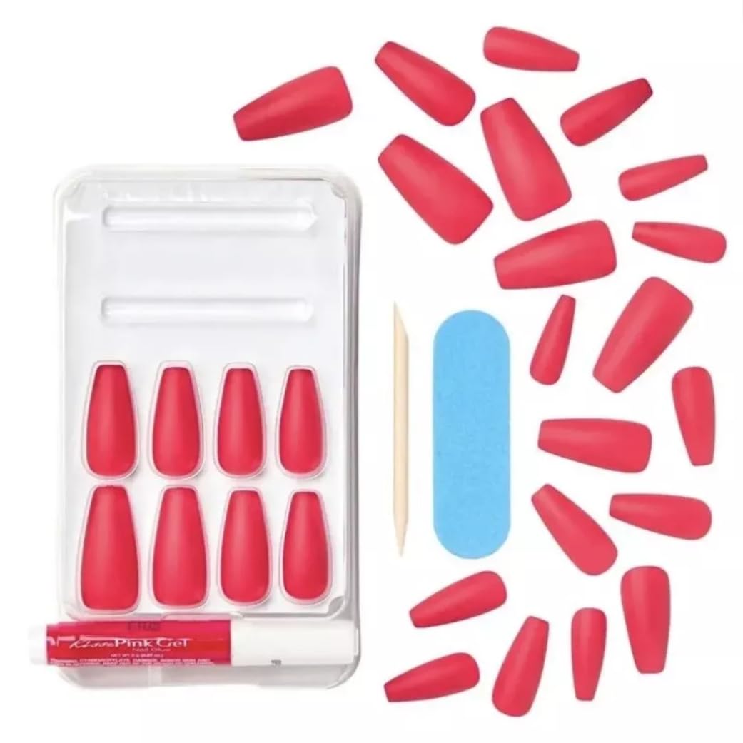 KISS (PRODUCT) RED Gel Fantasy Sculpted Fake Nails 'Love', Ready-to-Wear Gel Nails, Long, Coffin, Red Gel Nail Kit with Pink Nail Glue, Manicure Beauty & Personal Care KISS
