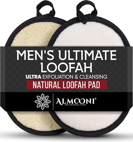 Almooni Natural Exfoliating Loofah for Men, Lightly Abrasive Egyptian Loofah Body Scrubber for Men, Dual-Sided with Cotton Back, Hand Strap, Black Beauty and Personal Care ALMOONI Default Title