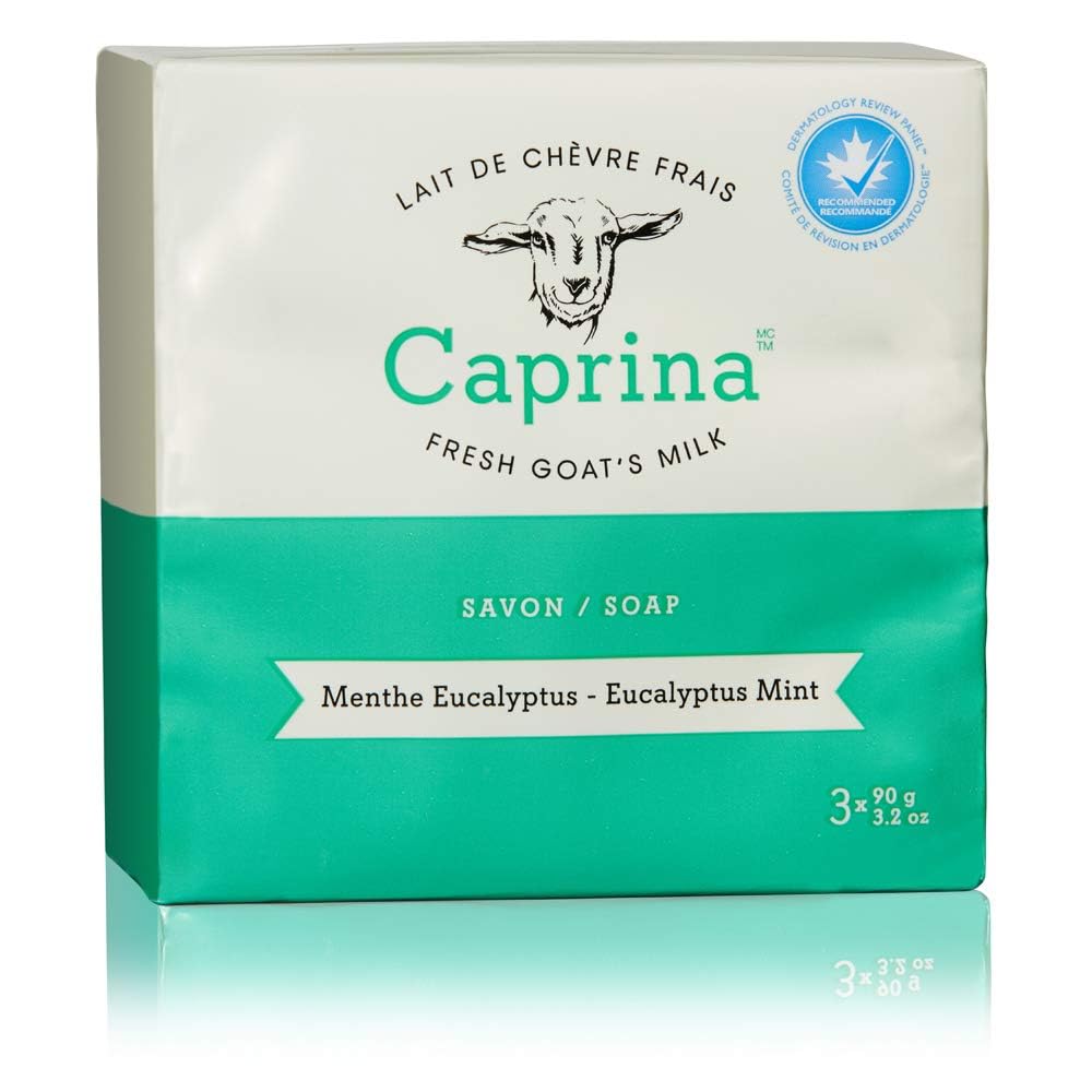 Caprina Fresh Goat’s Milk Bar Soap, EUCAPLYPTUS MINT, (3-Pack), 3.2 oz (90 g) Each, Gentle Daily Cleanser, Softening & Biodegradable Formula, No