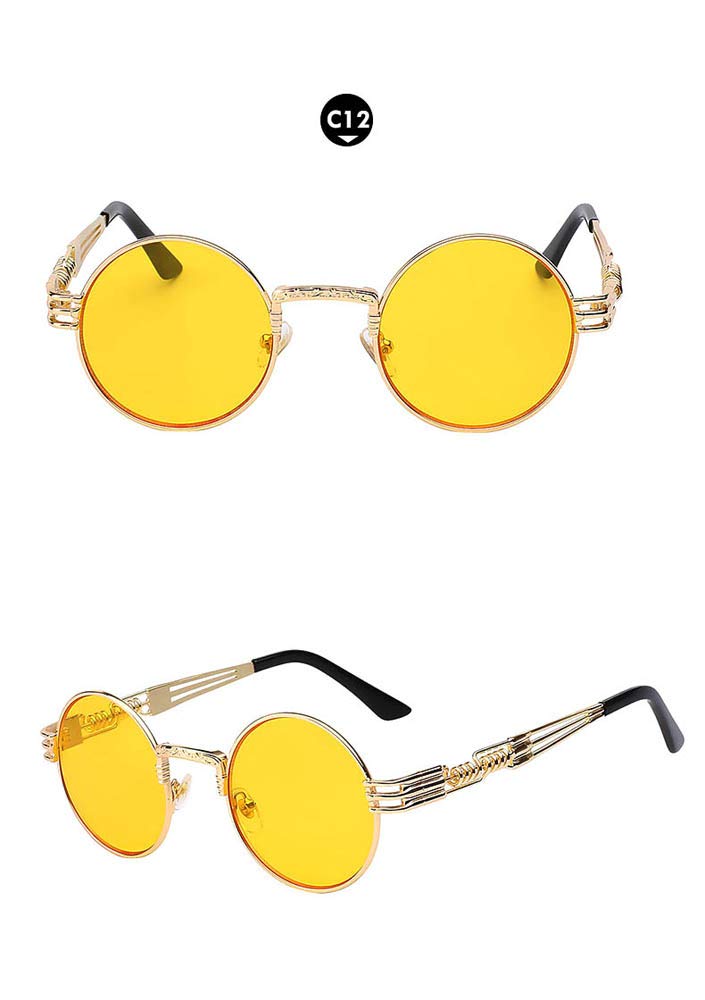Retro Steampunk Style Round Vintage Yellow Lens Sunglasses Gold Metal Frame
