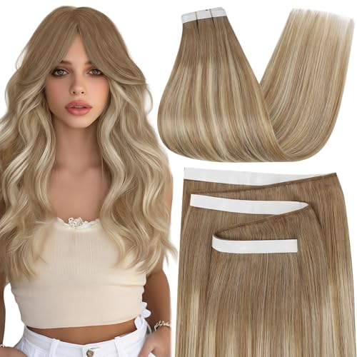 Moresoo Genius Tape Weft Hair Extensions Human Hair Blonde Invisible Pu Long Weft Tape in Extensions Human Hair Light Brown And Platinum Blonde Hair Beauty and Personal Care Moresoo Default Title