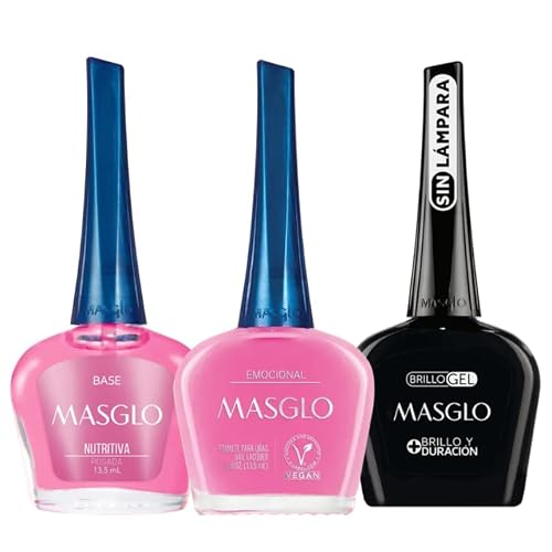 MASGLO Traditional Nail Polish 0.5 Fl. Oz. 3 piece kit with NUTRITIVE ROSE BASE, color EMOCIONAL and TOPCOAT GEL Beauty & Personal Care MASGLO