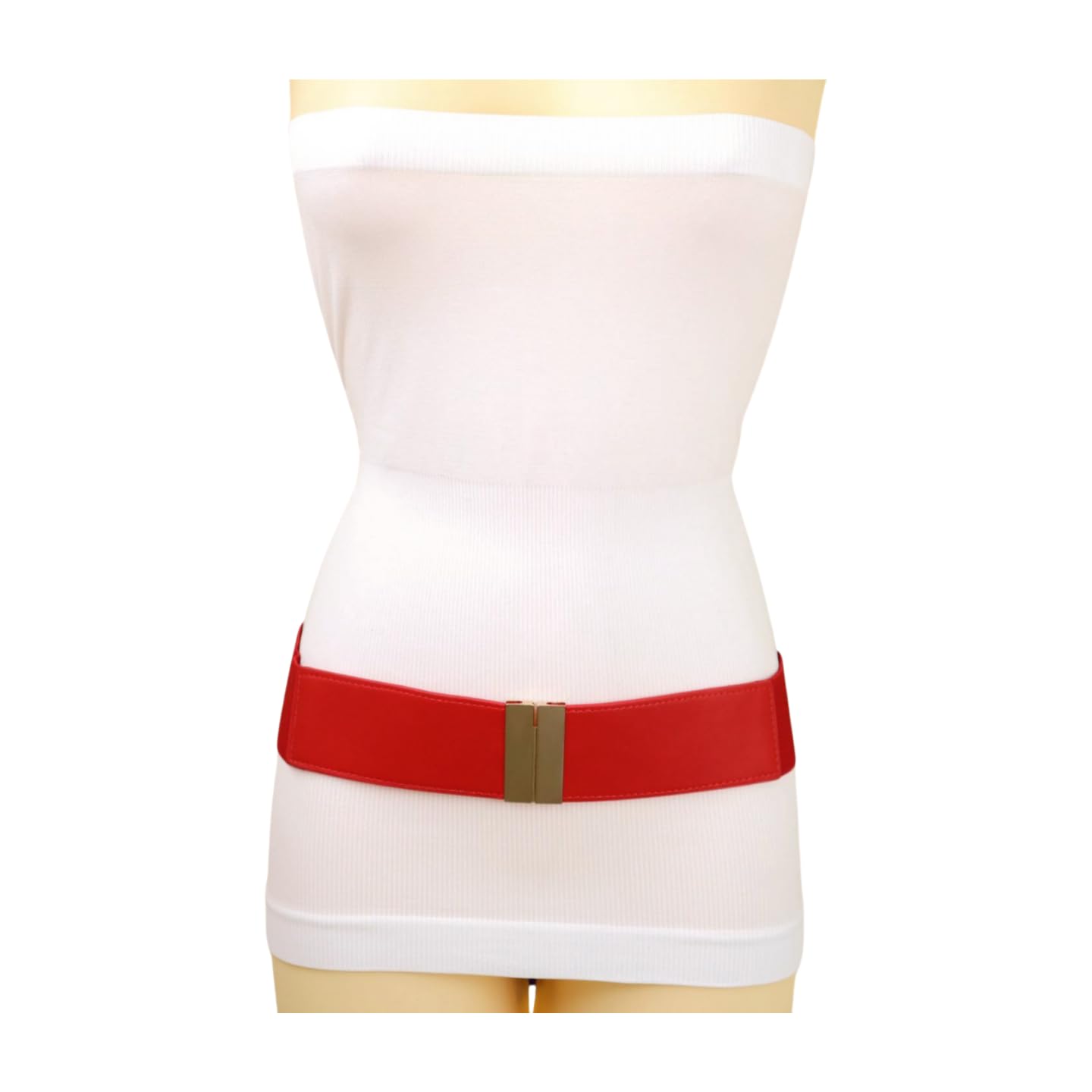 Women Fashion Wide Elastic Belt High Waist Hip Gold Metal Buckle S M Red z006