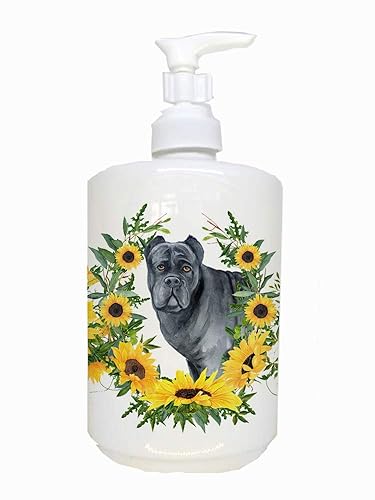 Caroline's Treasures CK2886SOAP Cane Corso in Sunflowers Ceramic Soap Dispenser Hand Soap Dispenser Pump Bottles for Bathroom Kitchen, Empty
