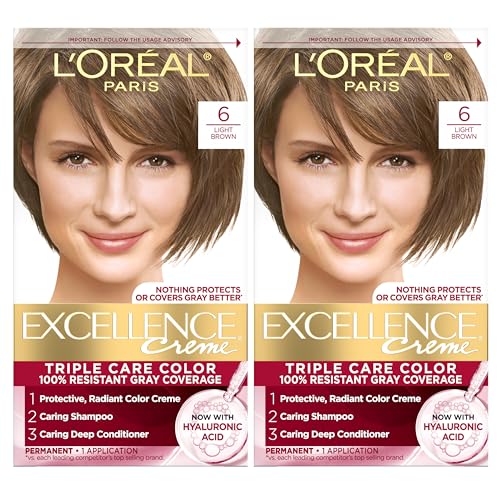 L'Oreal Paris Excellence Crème Permanent Hair Dye, Triple Care Hair Color with Hyaluronic Acid for 100% Gray Coverage, 6 Light Brown, 1 Kit (Pack