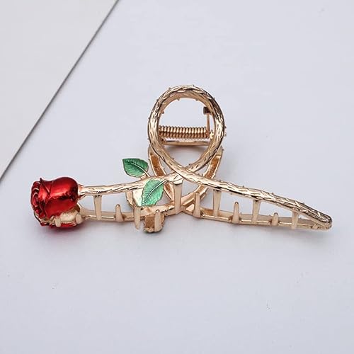 Red Elegant Rose Metal Hair Claw Clips, Large Shark Clips Non-Slip Barrettes for Strong Hold, Fashion Accessories for Long Thick Thin Curly Hair
